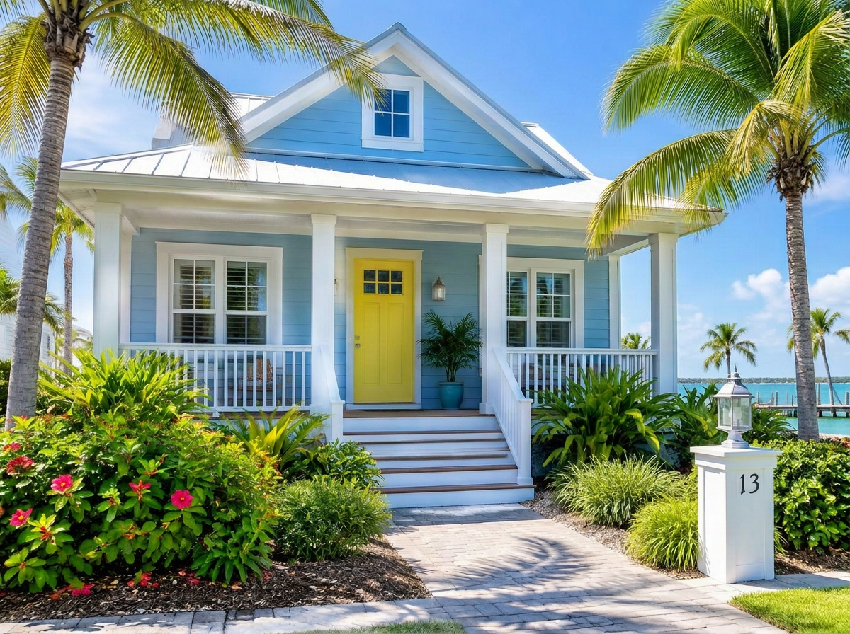 Coastal cottage with a yellow door and palm trees